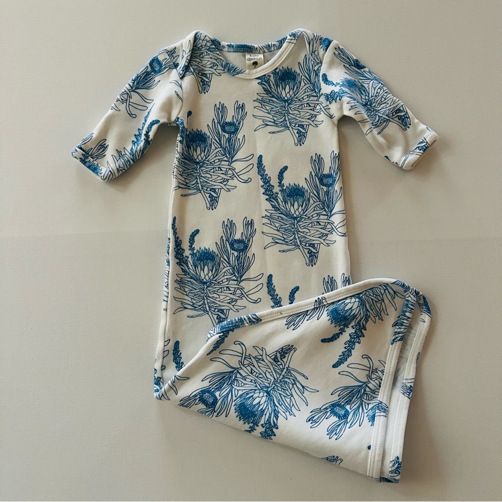 Kate Quinn 0-3 Months Baby Girl Blue White Floral Knot Nightgown Organic Cotton